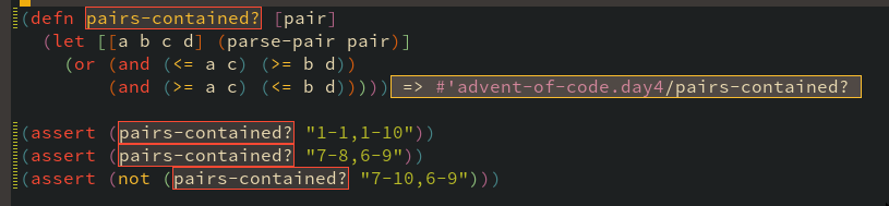 Figure 1: C-u C-M-x with cursor inside pairs-contained? function